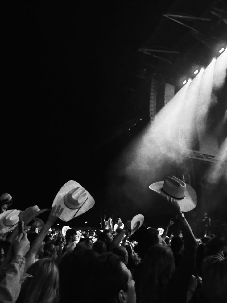 A concert crowd raising cowboy hats under stage lights
